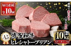 ≪毎月定期便・全10回≫A5等級 博多和牛ヒレシャトーブリアン (総計10kg・200g×5枚×10回) 牛肉 国産 和牛 博多和牛 ヒレ シャトーブリアン ステーキ 黒毛和牛 コンシェルジュ ステーキソース ダイヤモンドカット 冷凍 厚切り 定期便 頒布会【久田精肉店】as23-026