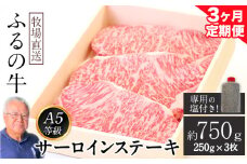 【3ヶ月定期便】ふるの牛（黒毛和牛）特選サーロインステーキ 750g(250g×3枚) ゲランド塩付き A5 有限会社ふるの《お申込み月の翌月から出荷開始》 3回お届け 計3回 定期便 2kg以上
