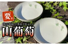 FK5 【要窯】飛び鉋絵付浅皿2枚セット　山葡萄