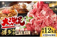 【12回定期便】博多和牛 切り落とし 1000g（500g×2P） 肉 牛肉 黒毛和牛 赤身 薄切り バラ 国産 福岡 化粧箱入り 広川町 / 株式会社MEAT PLUS [AFBO080]