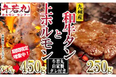 【期間限定容量アップ!】牛若丸自家製タレ付　九州産和牛タン250ｇと上ホルモン450ｇセット 2B10-A