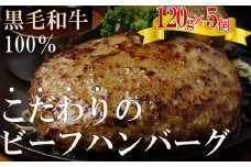 黒毛和牛 100％ ビーフ ハンバーグ 120ｇ 5個 ピンク岩塩付 ハンバーグ 肉 惣菜 冷凍 塩 こだわり ハンバーグ おすすめ おかず 夕食 晩ごはん 福岡県 川崎