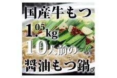 国産牛もつ1kgオーバー！九州醤油もつ鍋10人前[牛もつ1.05kg／九州醤油スープ付]【もつ鍋 もつなべ 鍋 なべ もつ 鍋セット 鍋料理 牛もつ ホルモン ほるもん ホルモン鍋 冷凍 国産 人気 福岡 土産 九州 博多 ご当地 福岡県 大任町 AP051】