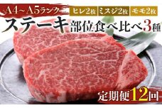 【定期便12回】博多和牛【A4～A5】ステーキ部位食べ比べ3種（ヒレ150g×2枚、ミスジ100ｇ×2枚、モモ100ｇ×2枚）計700ｇ