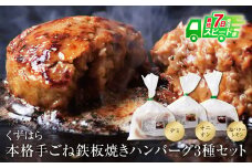 U07-01 【7営業日以内発送】くずはら 本格手ごね鉄板焼きハンバーグ3種 ハンバーグ はんばーぐ 牛肉 豚肉 ハンバーグステーキ デミグラス オニオン バターレモン ソース 人気 おすすめ 湯煎 お手軽 おかず  スピード発送