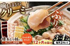【全12回定期便】博多もつ鍋セット(あごだし醤油味)3-4人前×3個セット 吉富町/(株)やまやコミュニケーションズ [BGAH055] 鍋セット モツ鍋 簡単調理 国産 牛モツ もつ 大ぶり 醤油 しょうゆ味 醤油味 スープ 濃縮 グルメ 福岡