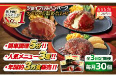 【全3回定期便】ジョイフル ハンバーグ スペシャル 詰め合わせ 3種 30個 セット《築上町》【株式会社　ジョイフル】[ABAA042] 牛100% ギフト 食べ比べ 大容量 肉 牛 はんばーぐ ファミレス 冷凍 簡単 おかず 弁当 小分け 個包装 保存料不使用 人気定期便 55000円
