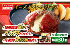 【全3回定期便】ジョイフル ハンバーグ 30個( チーズイン + トマトソース )《築上町》【株式会社　ジョイフル】[ABAA048] 牛100% ギフト 大容量 肉 牛 はんばーぐ ファミレス 冷凍 簡単 おかず 弁当 小分け 個包装 保存料不使用 人気定期便 55000円
