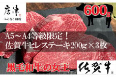 佐賀牛 最高希少部位ヒレステーキ約200g×3枚(合計600g) 個別真空 赤身牛肉 ギフト