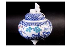【伊万里焼】市川冬山窯「色鍋島青海波扇文香炉」 037-H753