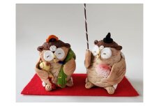 陶器置物 フクロウの恵比寿・大黒天ペアー（赤マット付） 140-H987