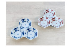 伊万里焼 ウロコ芙蓉手（青・赤）毘沙門三品盛 165-H1059
