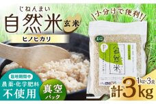 栽培期間中 農薬・化学肥料不使用 令和6年産 自然米 玄米 3kg（ヒノヒカリ 1kg×3袋）/自然庵 [UCQ021]