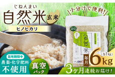 【3回定期便】栽培期間中 農薬・化学肥料不使用 自然米 玄米 6kg（ヒノヒカリ 1kg×6袋）/自然庵 [UCQ026]