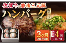 【3回定期便】佐賀牛と若楠三元豚のハンバーグ 食べ比べセット 計4個（2種×2個）/ナチュラルフーズ [UBH082]