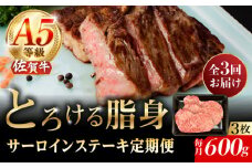 【3回定期便】A5等級 佐賀牛 サーロインステーキ 600g（200g×3枚）/ナチュラルフーズ [UBH106]