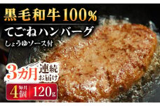 【3回定期便】黒毛和牛100％ 手ごねハンバーグ 120g×4個 しょうゆソース付 /フレンチキッチン プルミエ [UCF012]