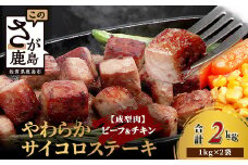 【訳あり】ビーフ&チキンやわらかサイコロステーキ (成型肉) 1kg×2袋 【合計2kg】 　牛肉 チキン BBQ 冷凍肉 大容量 加工肉 ふるさと納税 佐賀県 鹿島市　B-850