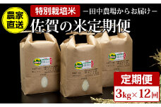 【定期便】(12ヶ月連続お届け)  田中農場 特別栽培認定 佐賀米3kg X 12回コース 