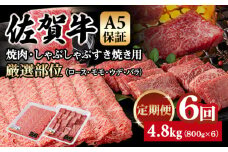 【定期便】佐賀牛 A5  焼肉・しゃぶしゃぶすき焼き 厳選部位 合計800g（400g x 各1P）6回定期 計4.8kg(800gx6) 桑原畜産 小分け ブランド牛 黒毛和牛 人気 高評価 佐賀県 小城市