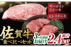【3回定期便】艶さし！ 佐賀牛 ヒレステーキ＆サーロインステーキ 食べ比べ セット 計2.4kg  （ヒレ150g・サーロイン250g×各2枚×3回） 吉野ヶ里町 [FDB036]