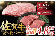 【6回定期便】艶さし！ 佐賀牛 ヒレステーキ＆サーロインステーキ 食べ比べ セット 計4.8kg  （ヒレ150g・サーロイン250g×各2枚×6回） 吉野ヶ里町 [FDB037]