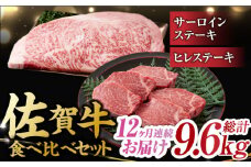 【12回定期便】佐賀牛 ヒレステーキ＆サーロインステーキ 食べ比べ セット 計9.6kg  （ヒレ150g・サーロイン250g×各2枚×12回） 吉野ヶ里町 [FDB038]