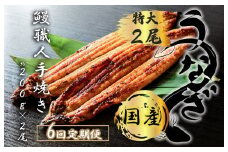 FK016　【6回定期便】九州産　うなぎ職人手焼き　蒲焼　国産　有頭鰻 1尾あたり約200ｇ×2尾（合計約400ｇ以上）たれ・山椒セット