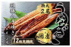 FK017　【12回定期便】九州産　うなぎ職人手焼き　蒲焼　国産　有頭鰻 1尾あたり約200ｇ×2尾（合計約400ｇ以上）たれ・山椒セット