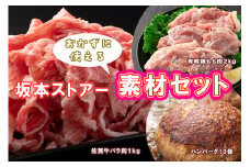 BN127_坂本ストアー牛丼・ハンバーグ・唐揚げの素材セット（牛バラ肉切り落とし・ハンバーグ・鶏もも肉）