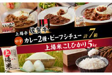 上場米こしひかり5kg・上場亭カレー3箱・極美カレー・ビーフシチュー各2箱セット