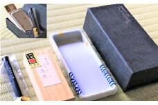 吉田陶芸 プチ硯セット 波千鳥の硯/水浅葱の彩墨 有田焼 A35-69