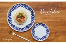 【まるふくオリジナル】有田焼 桔梗渕 Round plate 2枚セット 七宝地紋【まるふく】器 うつわ 食器 ワンプレート カフェプレート 染付 総手描き 切立プレート 小皿 取皿 セット A45-315