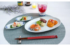 しん窯青花の可愛い24cm楕円プレート（1枚）楕円小皿（2枚）ダブルオールグラス(１個)の４点セット 小島芳栄堂 A55-71