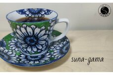 有田焼 親和貞陸 手描き向日葵 コーヒー碗 緑色 ひまわり 食器 カップ＆ソーサー A30-432