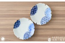 染付雪輪皿 地紋と麻の葉 2枚 セット 深海三龍堂 有田焼 和食器 和風 小皿 銘々皿 取り皿 七宝 染付 青 A20-524