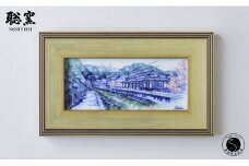 有田焼 線刻陶額「桜の咲く頃~上有田駅の春~」【聡窯 辻聡彦】陶磁器 風景画 絵画 陶画 インテリア アート ギフト A300-50