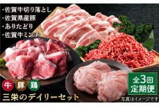 【全3回定期便】ミンチ付き！三栄のデイリーセット 【肉の三栄】 [HAA092] 牛 豚 鶏肉 セット 佐賀牛 切り落とし ミンチ 牛肉 豚肉 鶏 黒毛和牛 ありたどり 佐賀県産