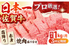 【全3回定期便】【隔月発送】佐賀牛 焼肉セット 1.0kg ( 霜降り・赤身 各500g ) 【田中畜産牛肉店】 [HBH122]