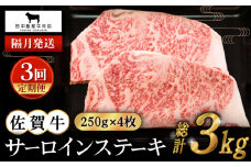 【全3回定期便】【隔月発送】佐賀牛 サーロインステーキ 1.0kg ( 250g×4枚 ) 【田中畜産牛肉店】 [HBH126]