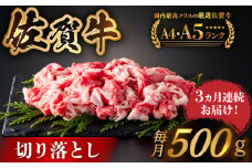 【様々な料理に使いやすい】＜全3回定期便＞佐賀牛切り落とし 500g【がばいフーズ】佐賀牛 A5 しゃぶしゃぶ すき焼き 牛丼 切落とし 切り落し 牛肉 和牛 黒毛和牛 小分け 冷凍 きりおとし 佐賀 佐賀県 赤身 赤み 3ヶ月 3回 定期 [HCS029]