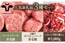 【牧場直送】人気返礼品詰め合わせ！牛肉100%ふんわりロールステーキ 4個＆白富牛 手ごねハンバーグ 4個＆しろいし牛 切り落とし 500g×2パック【佐賀セントラル牧場】佐賀県産 牛肉 肉 お肉 ステーキ ハンバーグ 九州 佐賀県 白石町 [IAH129]