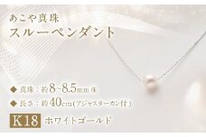 あこや真珠 (8-8.5mm珠) スルーペンダント ／ K18 ホワイトゴールド ジュエリー アクセサリー あこや 宝石 国産 長崎 長崎県 園田真珠 お祝い 贈答 プレゼント 成人式 卒業式 入学式 結婚式 記念日 誕生日 フォーマル ジュエリーケース レディース ファッション 
