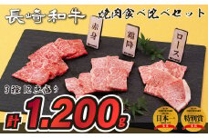 B201p 長崎和牛3種12点盛り焼肉食べ比べセット(計1,200g)