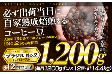 E431z 【12回定期便】必ず出荷日に自家熟成焙煎ブラジルNo.2豆(1,200g)【SASEBO Coffee TOMINAGA】120000円 人気 新鮮 挽きたて 高級コーヒー 本格 大容量