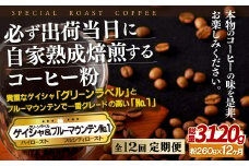 E289z 【12回定期便】必ず出荷日に自家熟成焙煎ゲイシャ粉(160g)･ブルーマウンテン№.1粉(100g)【SASEBO Coffee TOMINAGA】人気 新鮮 挽きたて 高級コーヒー 本格 希少