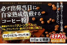 E294z 【6回定期便】必ず出荷日に自家熟成焙煎ゲイシャ粉(320g)･ブルーマウンテン№.1粉(200g)【SASEBO Coffee TOMINAGA】人気 新鮮 挽きたて 