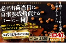 E295z 【12回定期便】必ず出荷日に自家熟成焙煎ゲイシャ粉(320g)･ブルーマウンテン№.1粉(200g)【SASEBO Coffee TOMINAGA】人気 新鮮 挽きたて 高級コーヒー 本格 希少