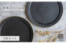 G464p 〈平戸嘉祥窯〉艶黒 8寸リム皿 (大皿) 2枚セット 盛り皿 パスタ皿 サラダ 食器 大皿