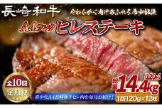 B399 【10回定期便】長崎和牛 A4等級 ヒレステーキ 120g×12枚 総量120枚 14.4kg【田中精肉店】ヒレ フィレ ステーキ 赤身 和牛 黒毛和牛 牛肉 希少部位 定期便
